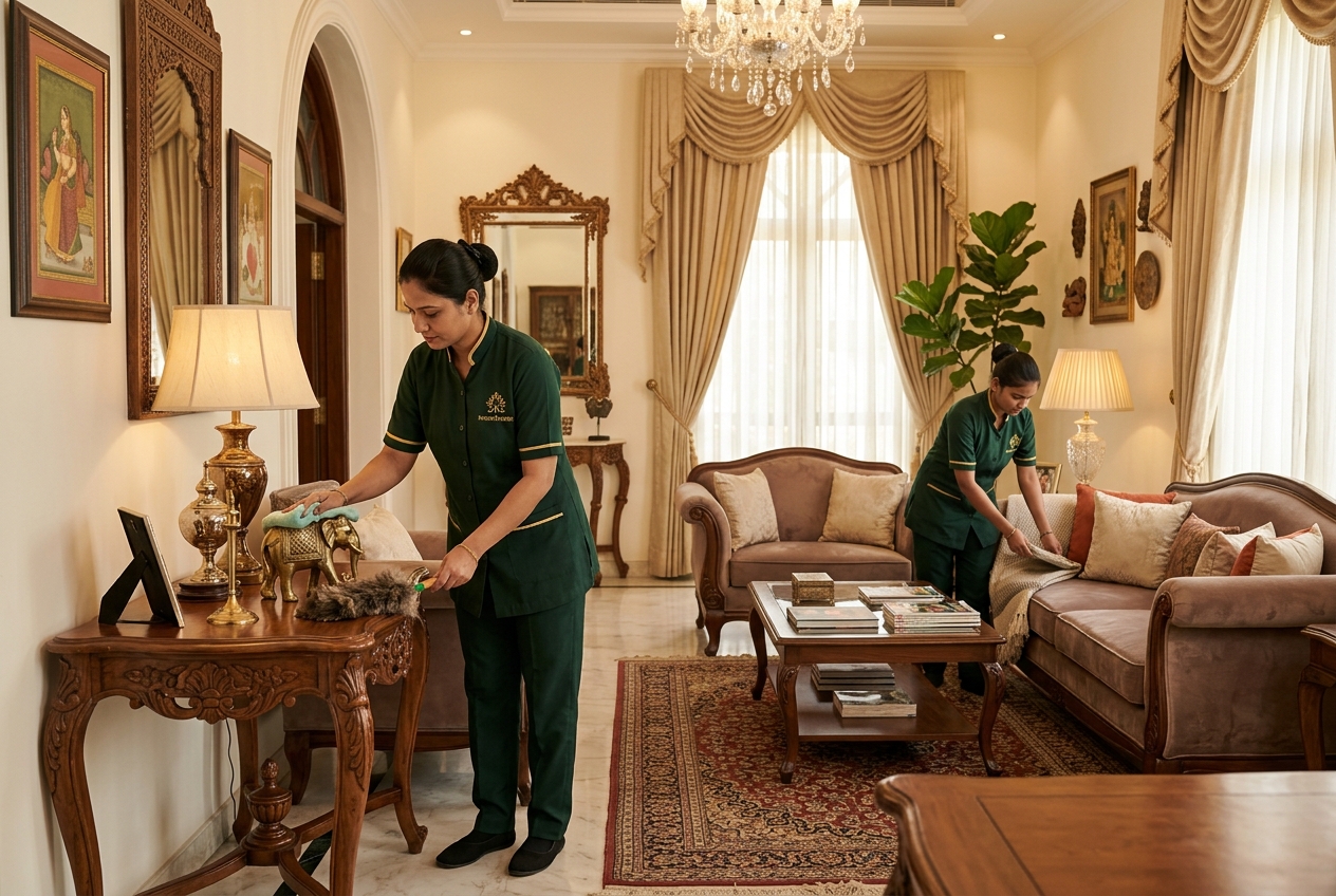 Housekeeping staff organizing a pristine living room